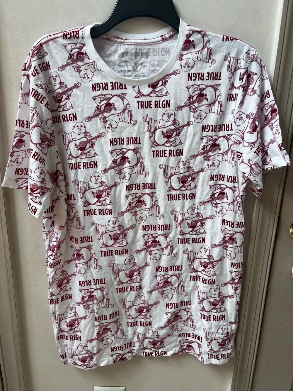 True Religion White Tee with Maroon Guitar & Buddha All-Over Print